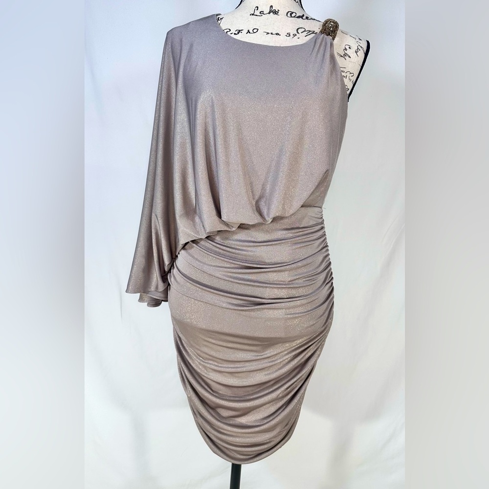 Bodycon Ruche One Shoulder Party  Cape Wiggle Spandex Silver Short Gray Dress 6